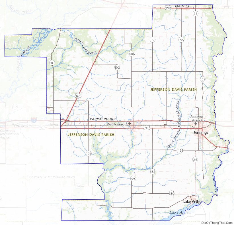 Topographic map of Jefferson Davis Parish, Louisiana