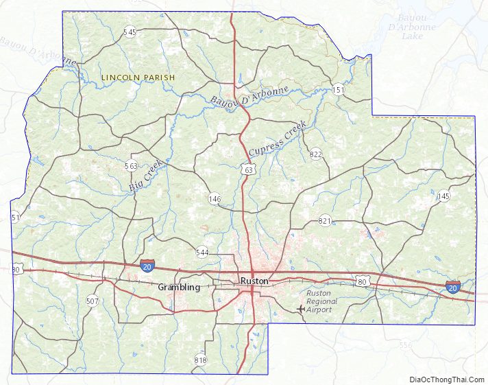 Topographic map of Lincoln Parish, Louisiana