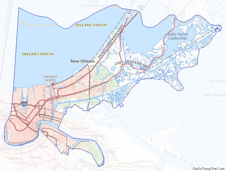 Topographic map of Orleans Parish, Louisiana