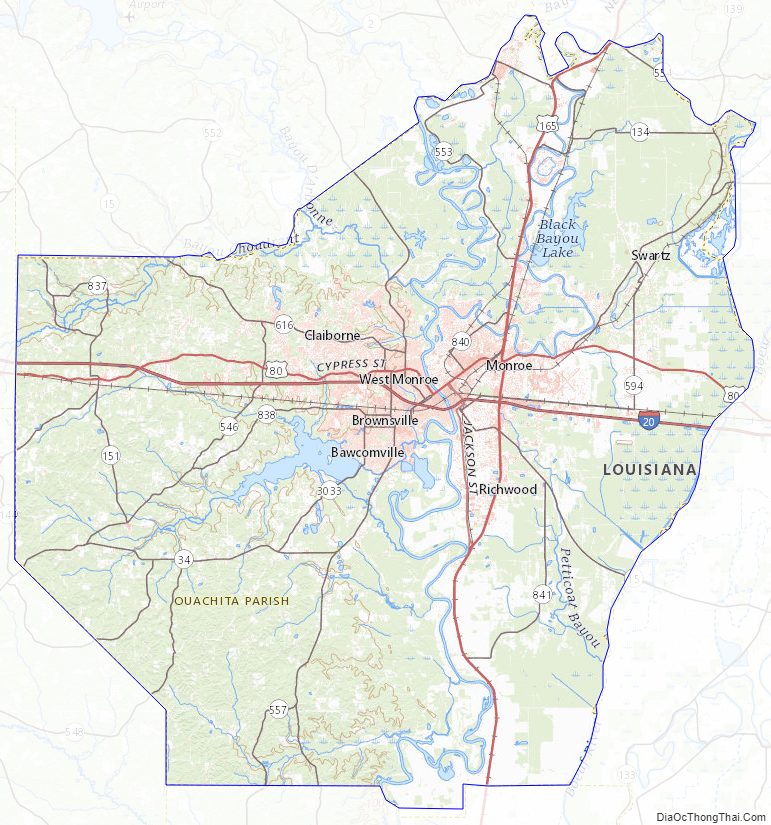 Topographic map of Ouachita Parish, Louisiana