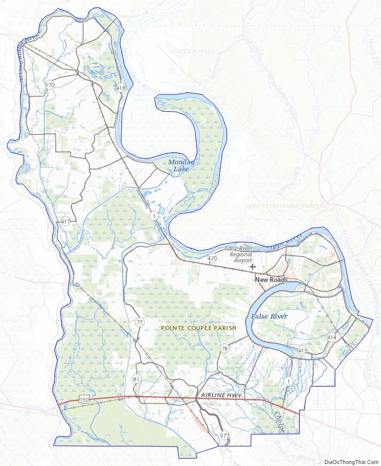 Topographic map of Pointe Coupee Parish, Louisiana