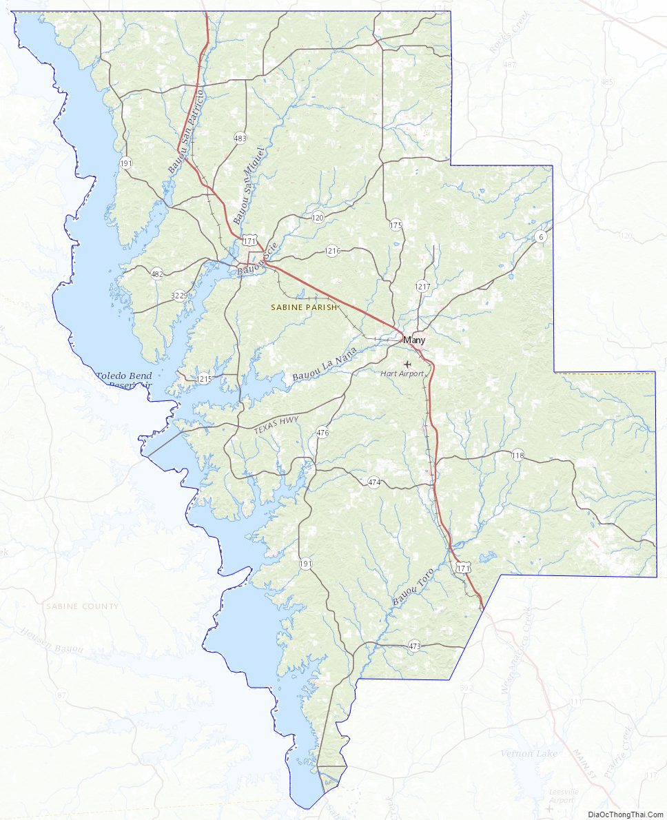 Topographic map of Sabine Parish, Louisiana