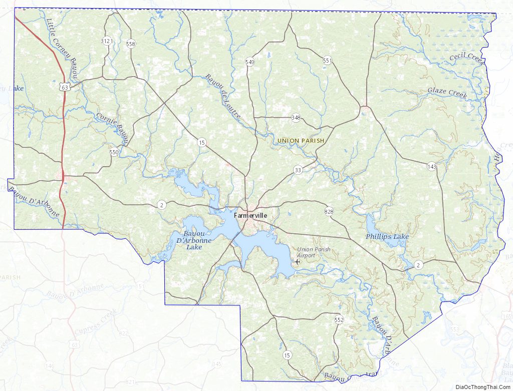 Topographic map of Union Parish, Louisiana