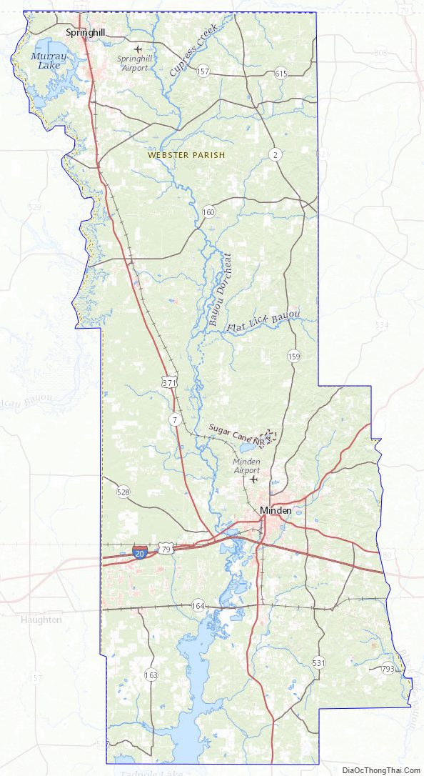 Topographic map of Webster Parish, Louisiana