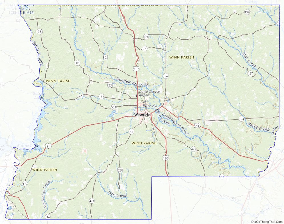 Topographic map of Winn Parish, Louisiana