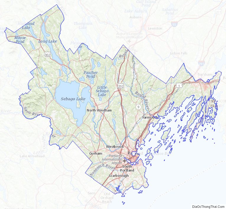 Topographic map of Cumberland County, Maine