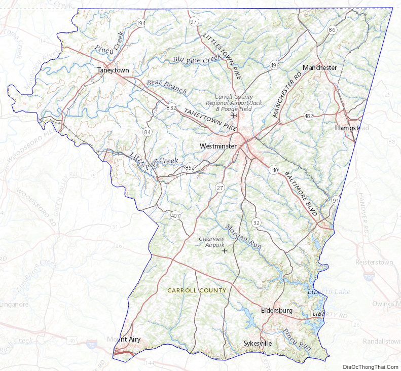 Topographic map of Carroll County, Maryland