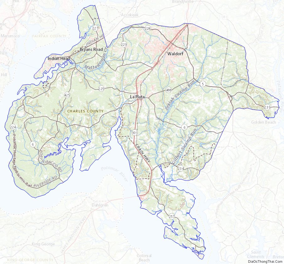 Topographic map of Charles County, Maryland