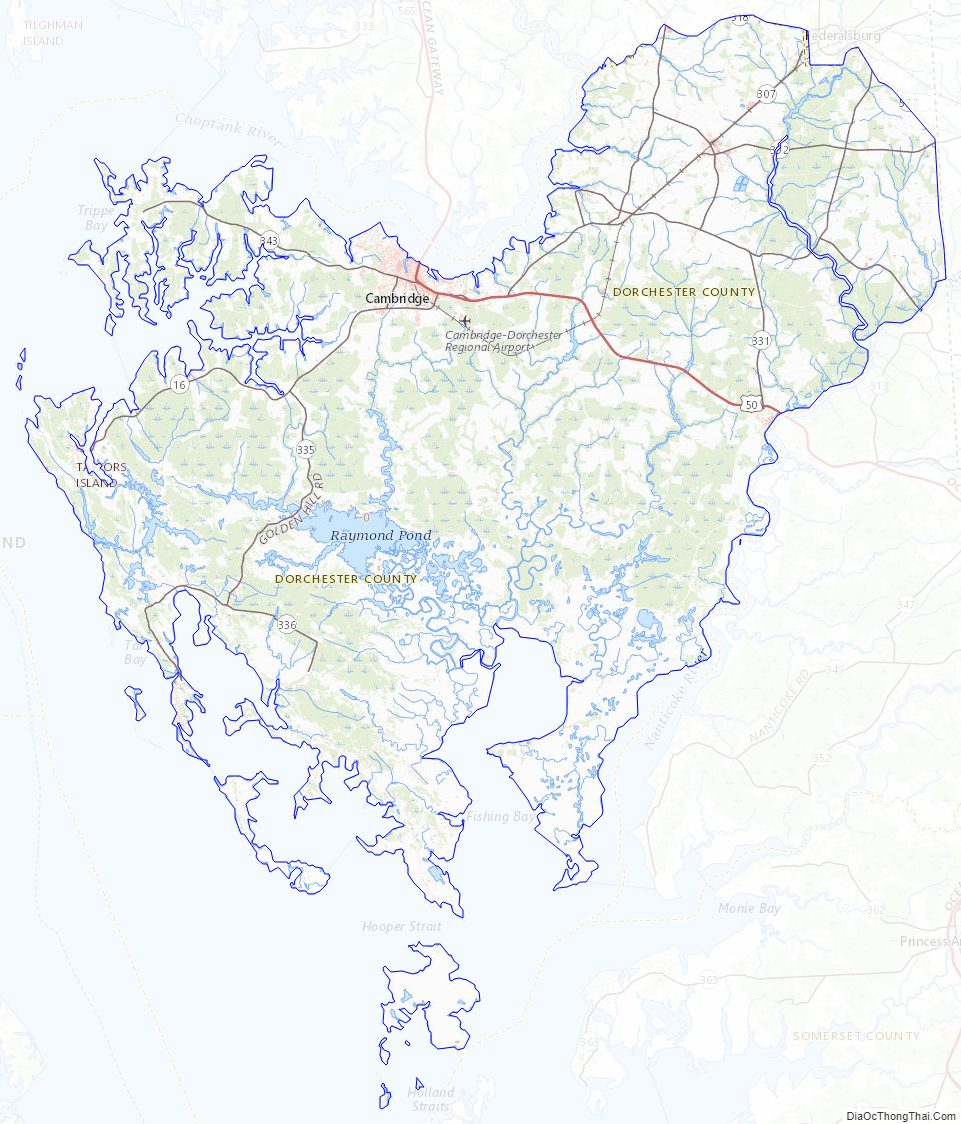 Topographic map of Dorchester County, Maryland