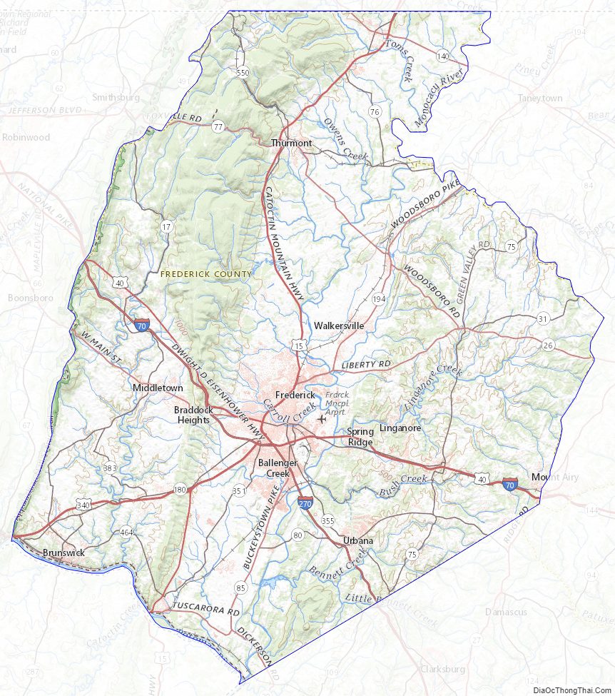 Topographic map of Frederick County, Maryland