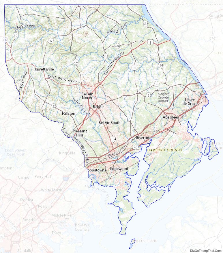 Topographic map of Harford County, Maryland