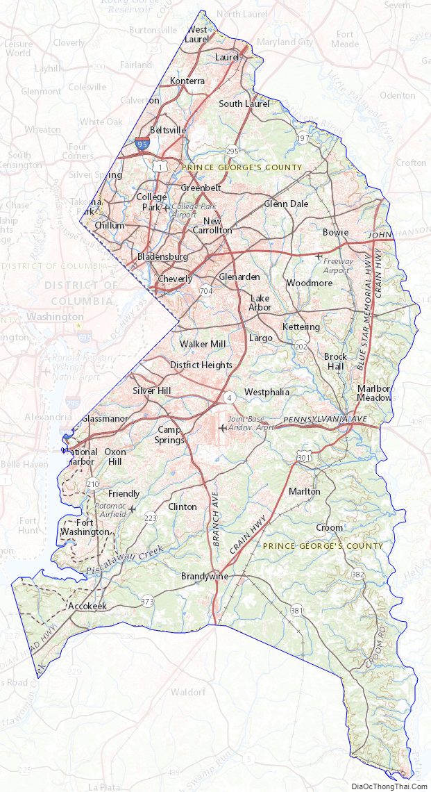 Topographic map of Prince George's County, Maryland