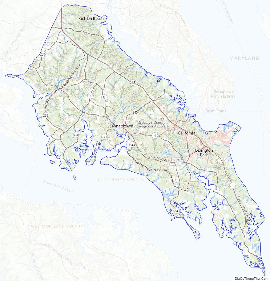 Topographic map of Saint Mary's County, Maryland