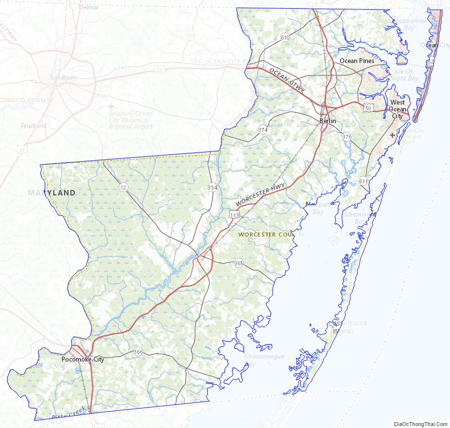 Topographic map of Worcester County, Maryland