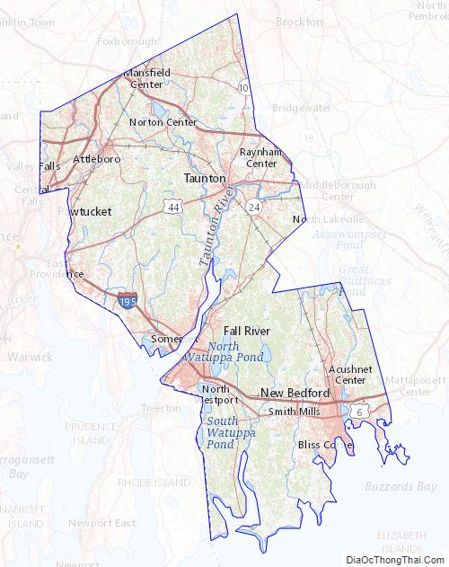 Topographic map of Bristol County, Massachusetts