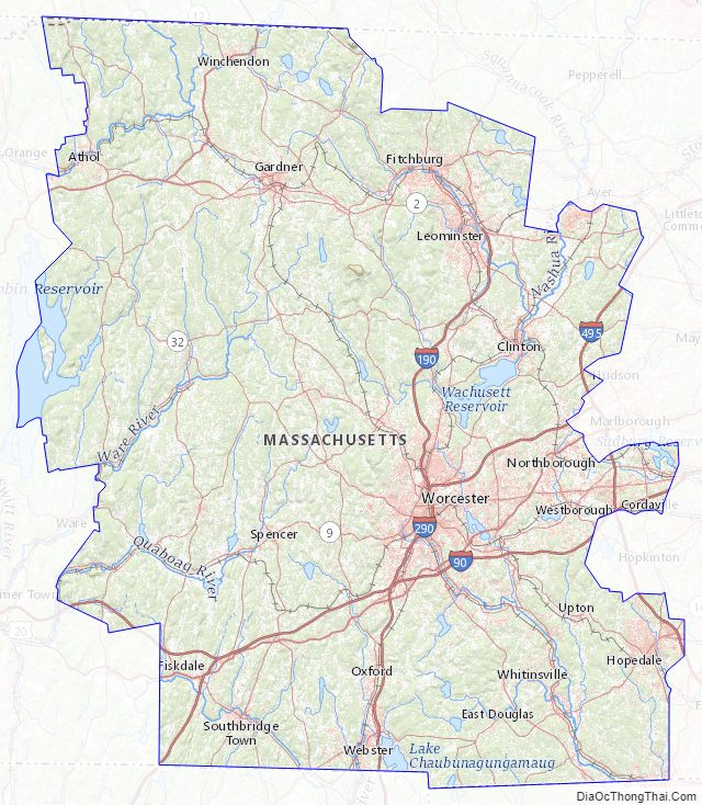Topographic map of Worcester County, Massachusetts