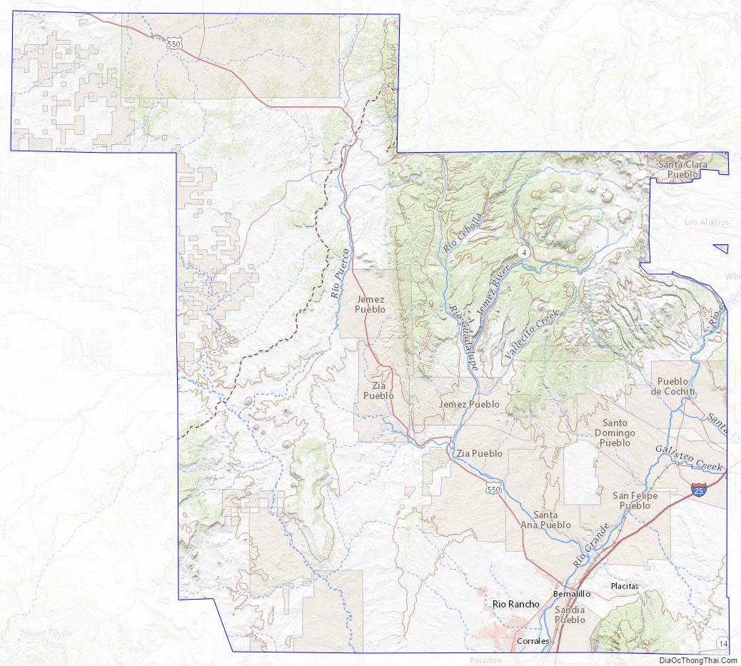 Topographic map of Sandoval County, New Mexico