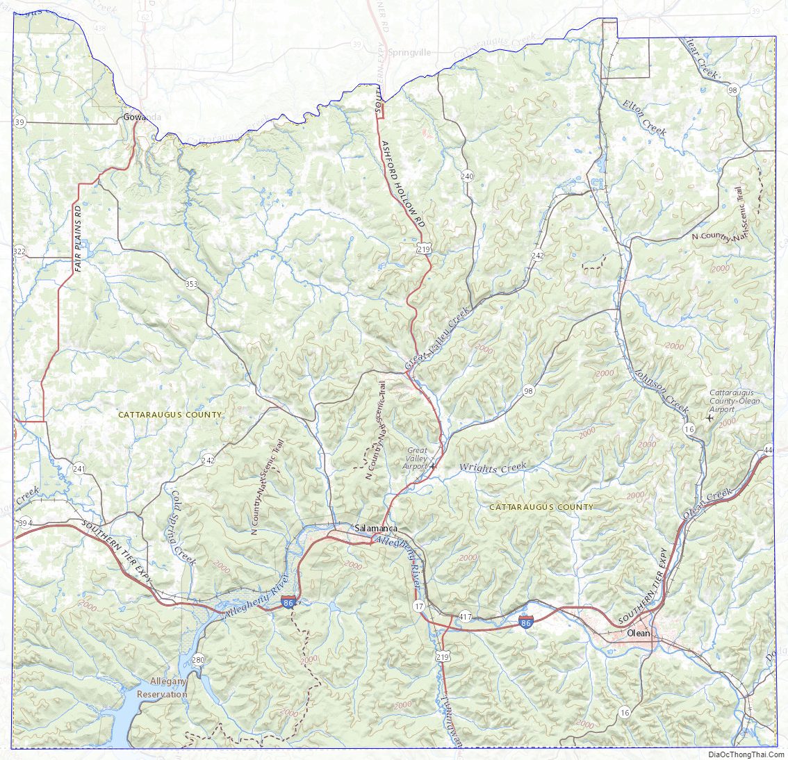 Topographic map of Cattaraugus County, New York