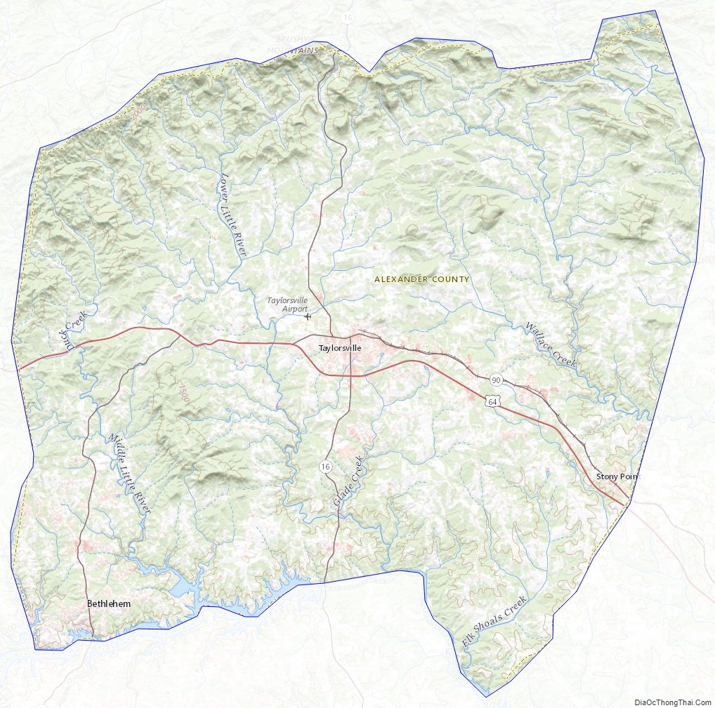 Topographic map of Alexander County, North Carolina