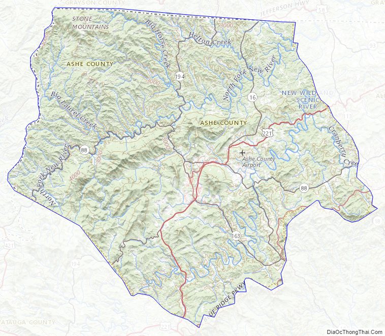 Topographic map of Ashe County, North Carolina
