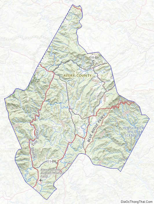 Topographic map of Avery County, North Carolina