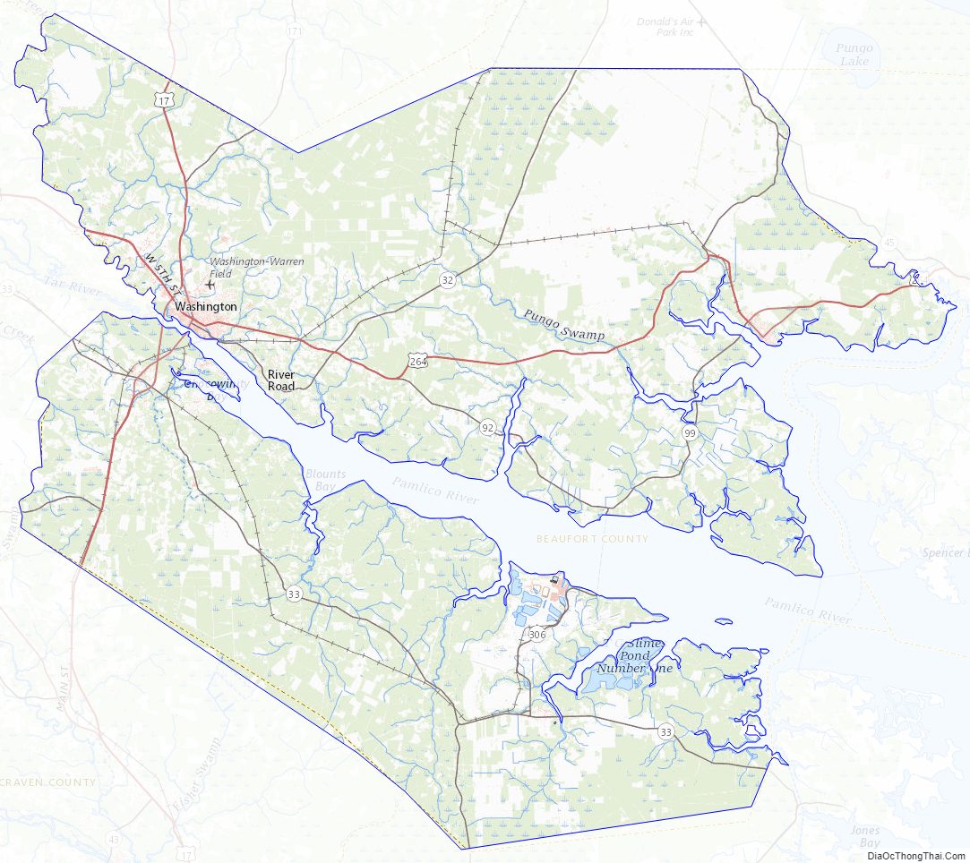 Topographic map of Beaufort County, North Carolina