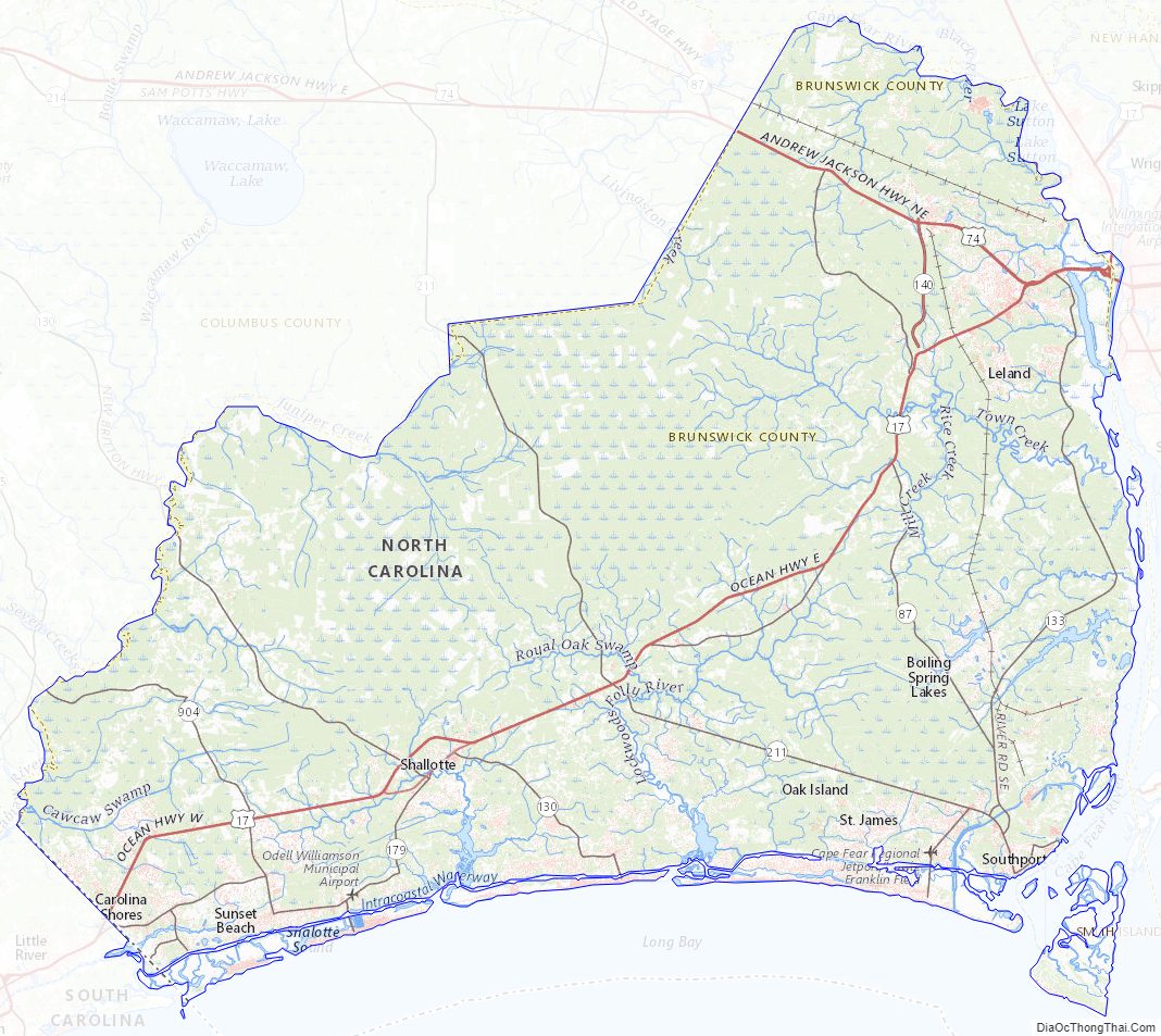 Topographic map of Brunswick County, North Carolina