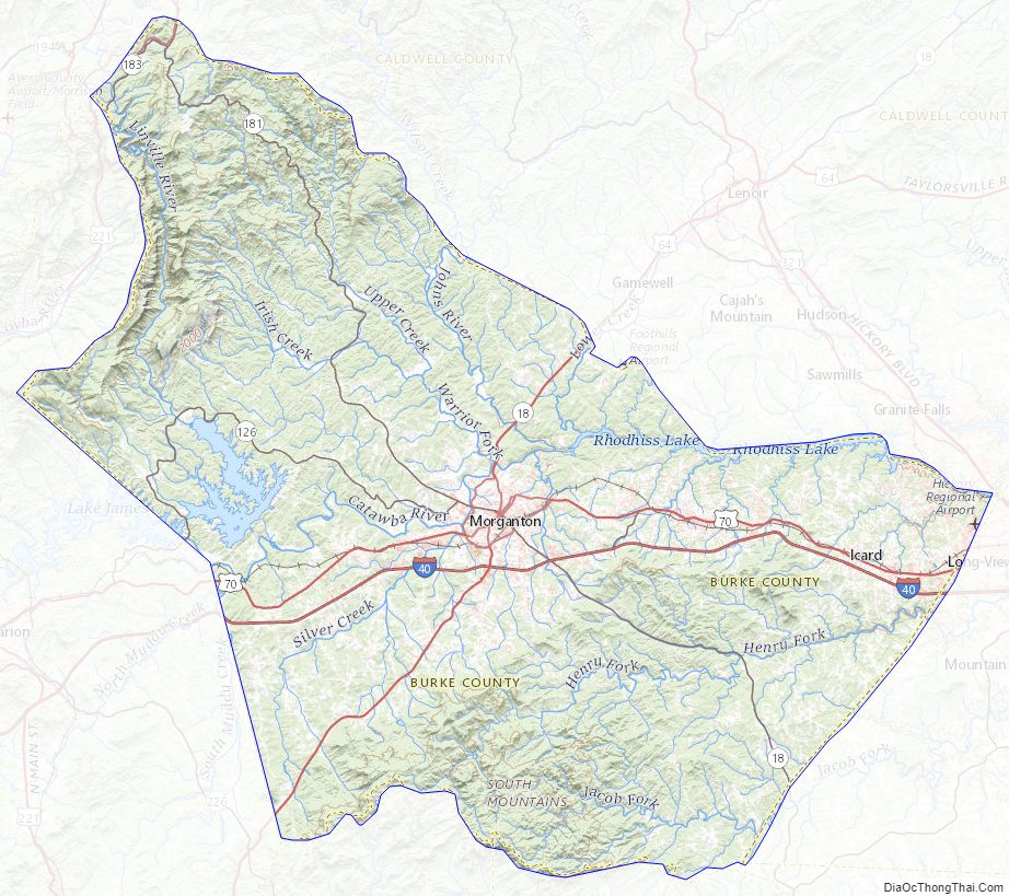 Topographic map of Burke County, North Carolina