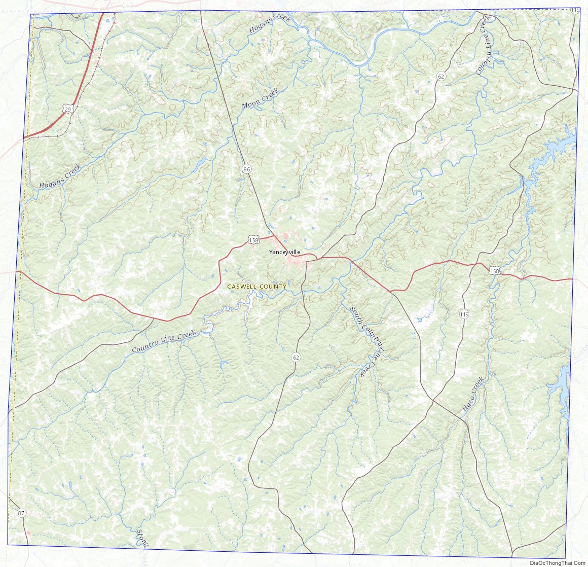 Topographic map of Caswell County, North Carolina