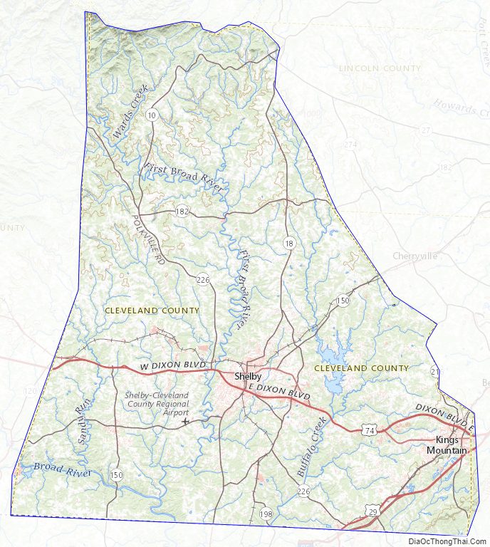 Topographic map of Cleveland County, North Carolina