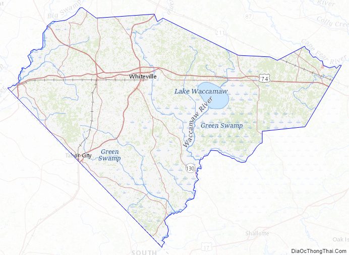 Topographic map of Columbus County, North Carolina