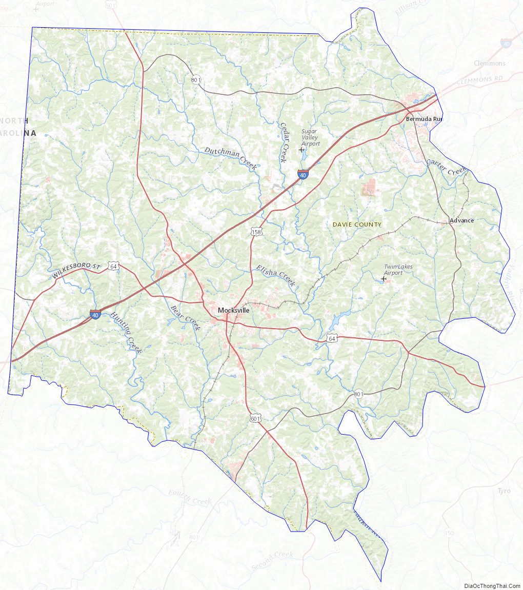 Topographic map of Davie County, North Carolina