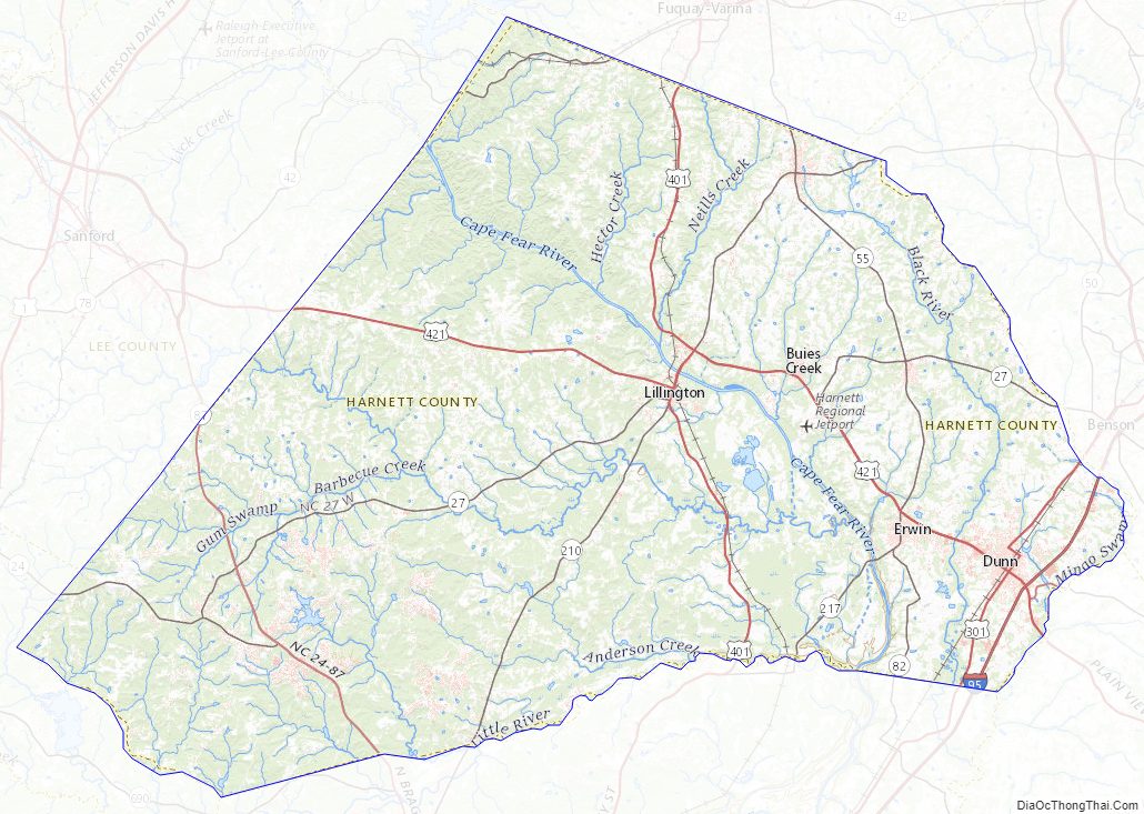 Topographic map of Harnett County, North Carolina