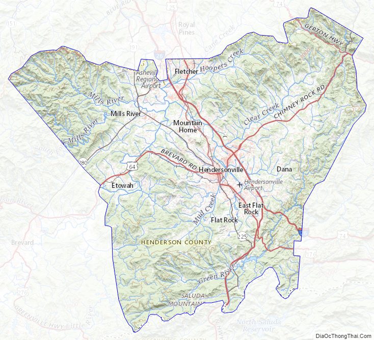 Topographic map of Henderson County, North Carolina
