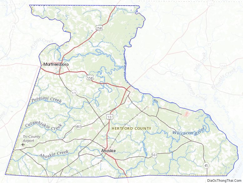 Topographic map of Hertford County, North Carolina
