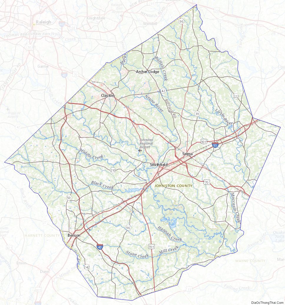 Topographic map of Johnston County, North Carolina