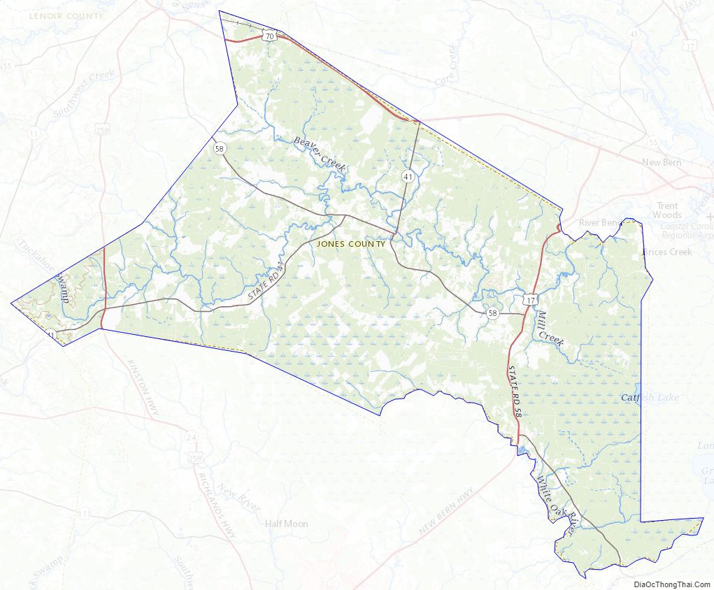 Topographic map of Jones County, North Carolina