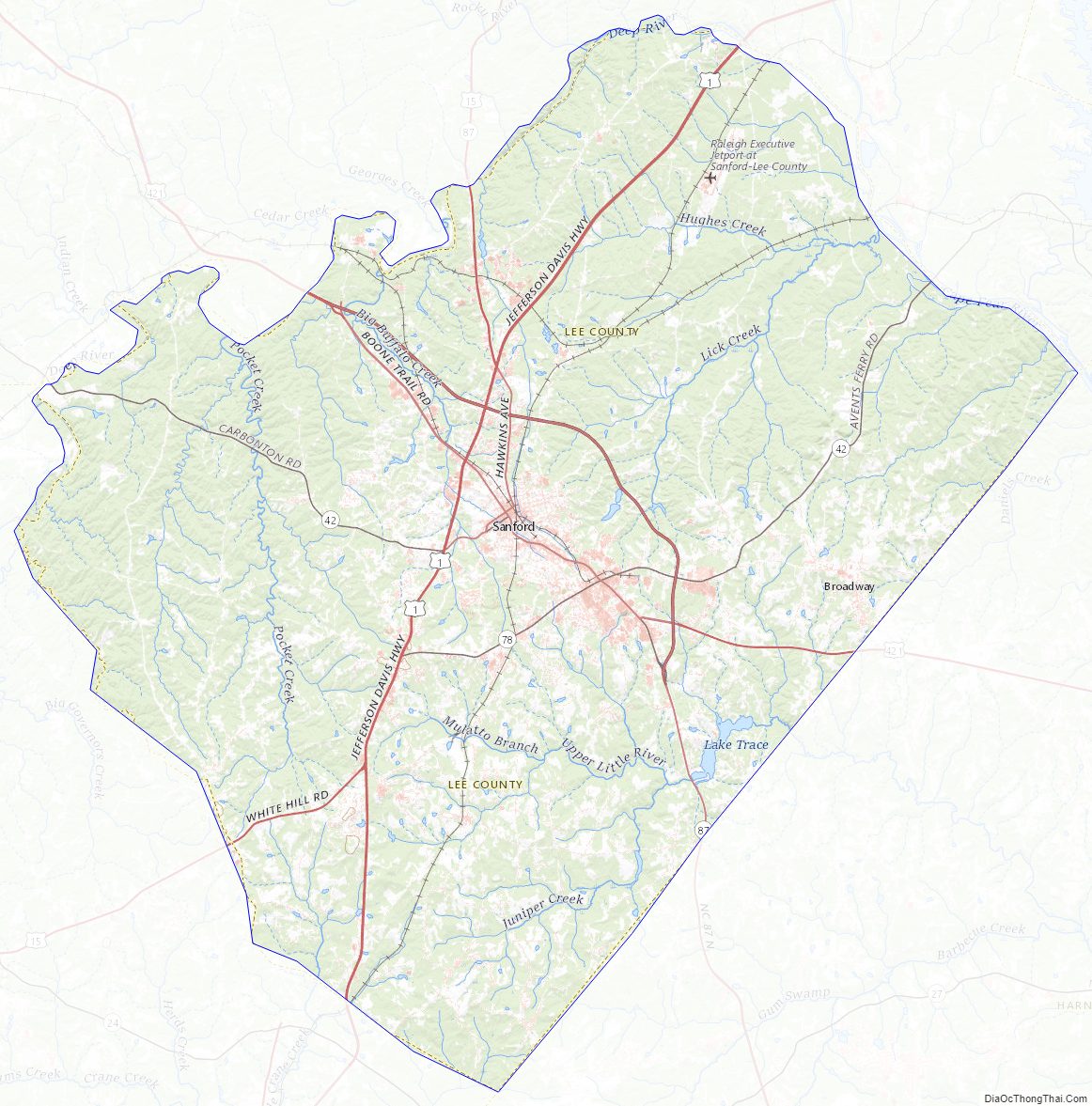 Topographic map of Lee County, North Carolina