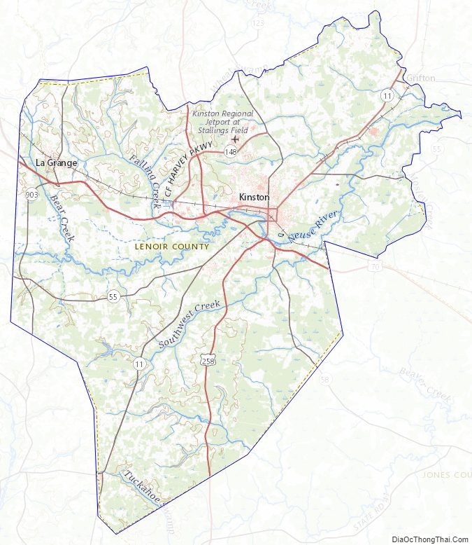 Topographic map of Lenoir County, North Carolina