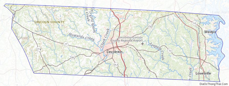 Topographic map of Lincoln County, North Carolina