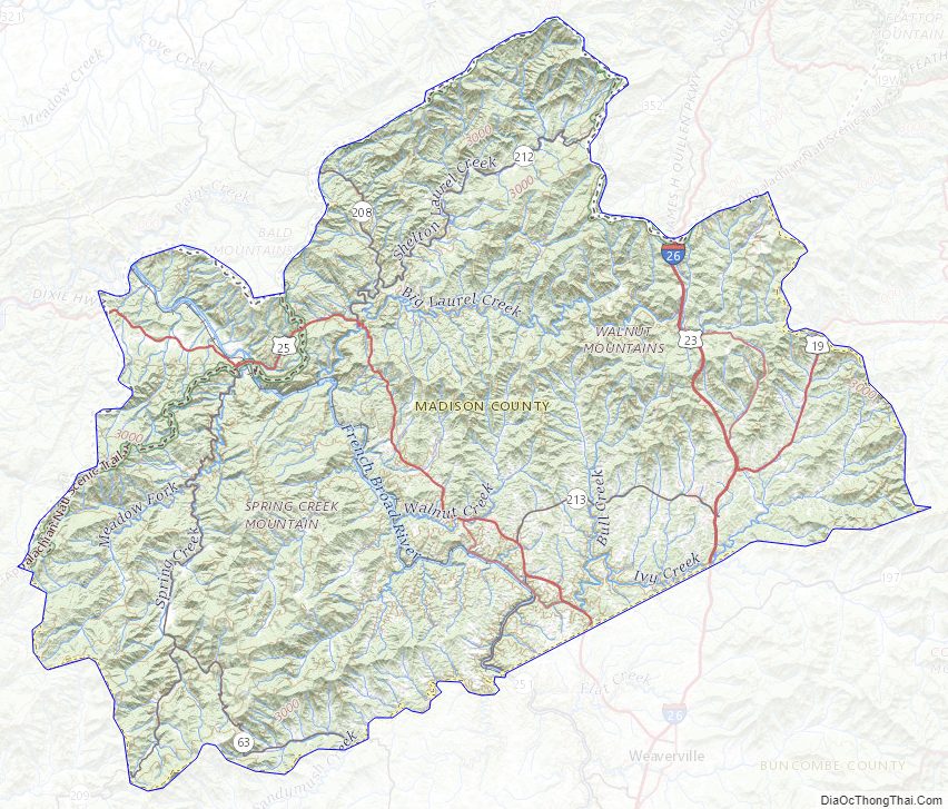Topographic map of Madison County, North Carolina