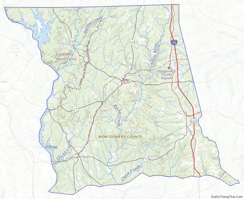 Topographic map of Montgomery County, North Carolina