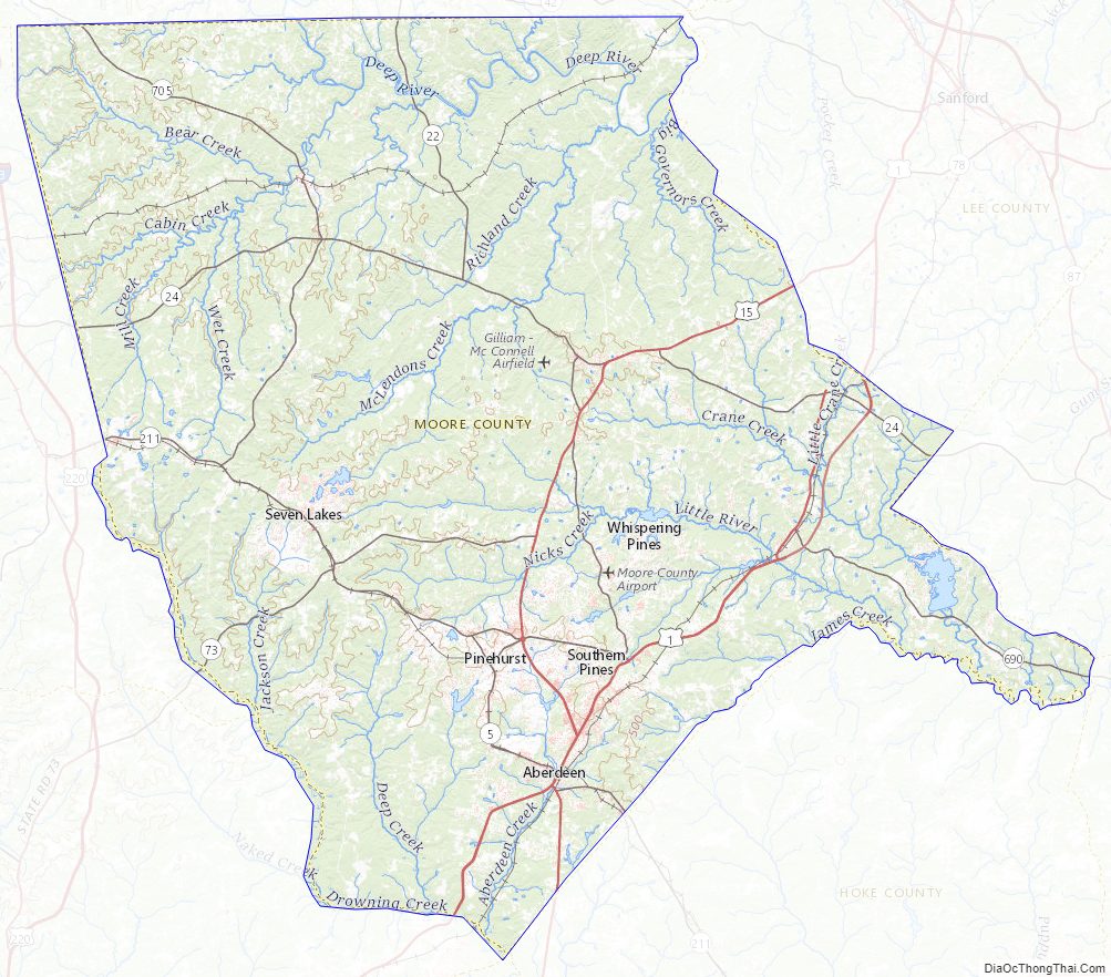 Topographic map of Moore County, North Carolina
