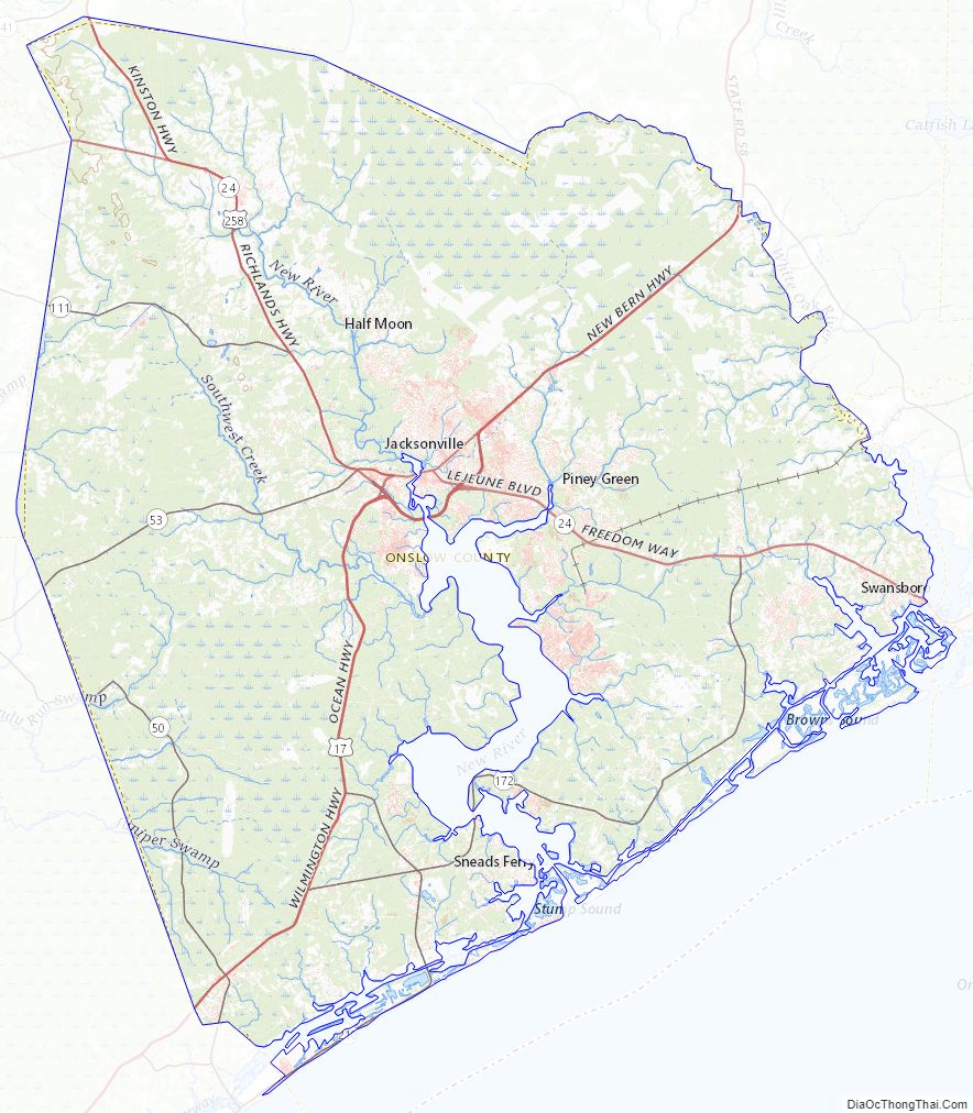 Topographic map of Onslow County, North Carolina