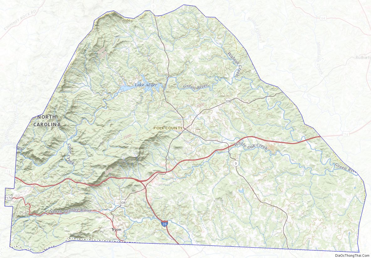 Topographic map of Polk County, North Carolina