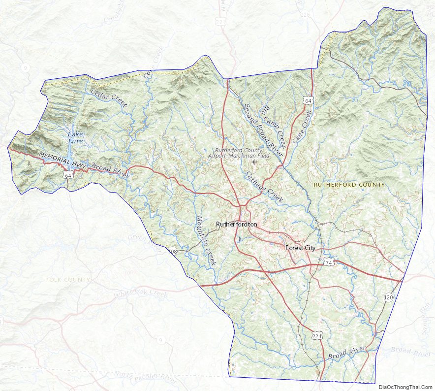 Topographic map of Rutherford County, North Carolina