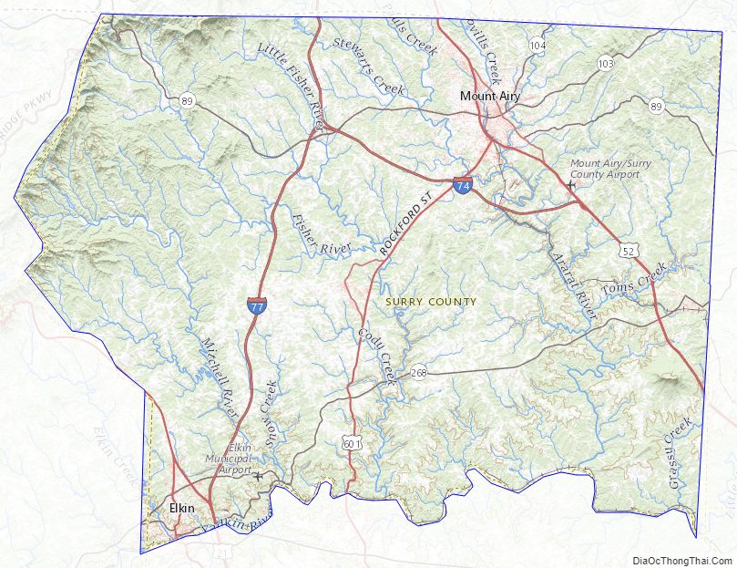 Topographic map of Surry County, North Carolina