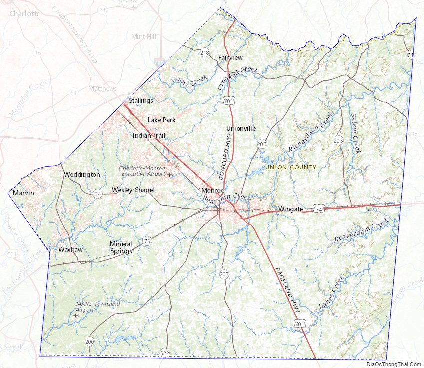 Topographic map of Union County, North Carolina