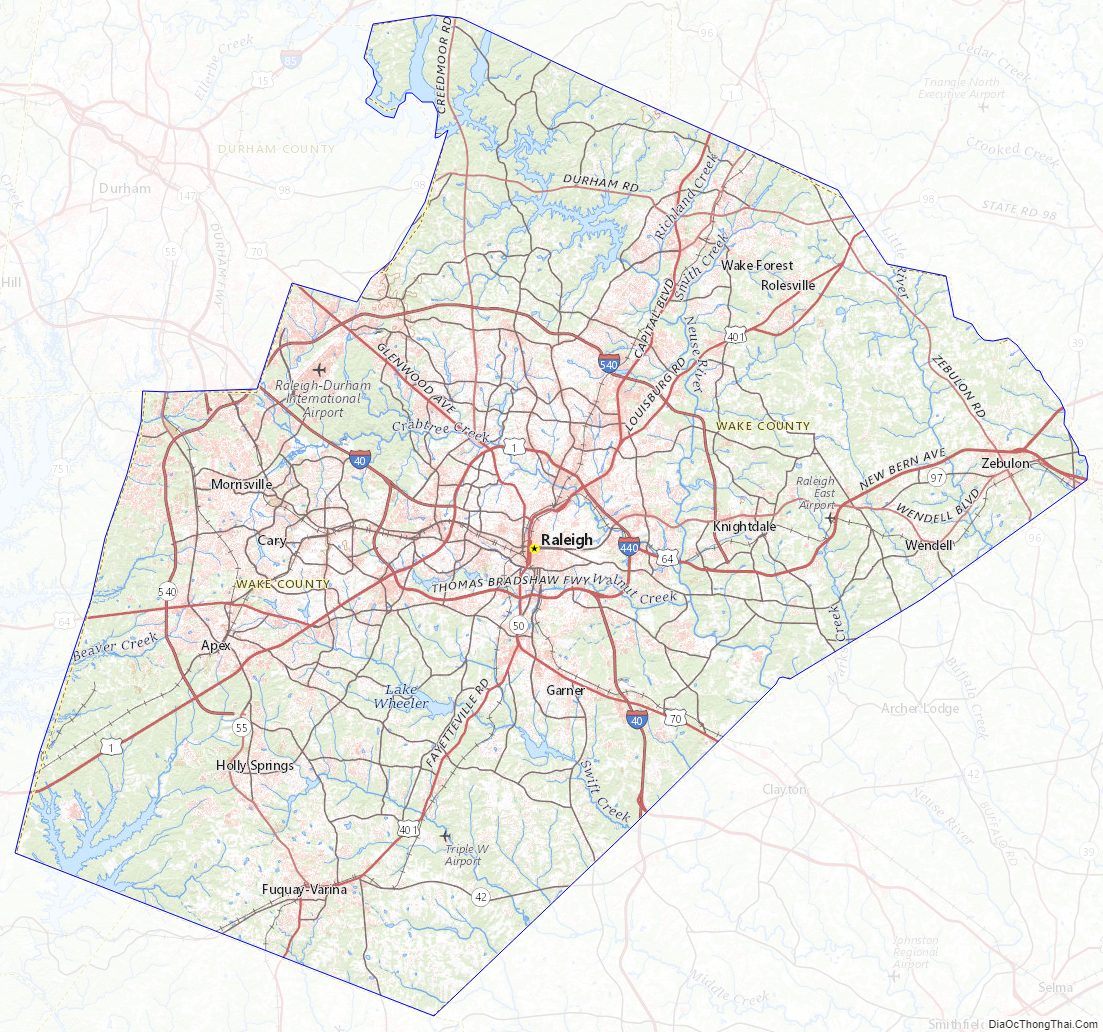 Topographic map of Wake County, North Carolina