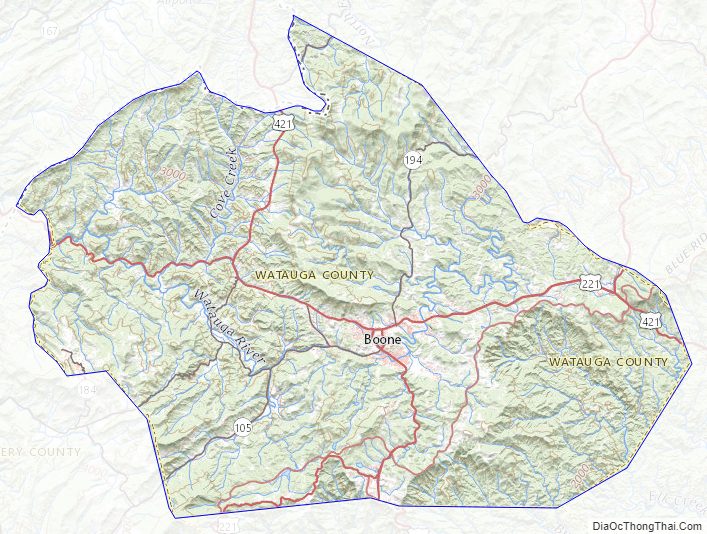 Topographic map of Watauga County, North Carolina